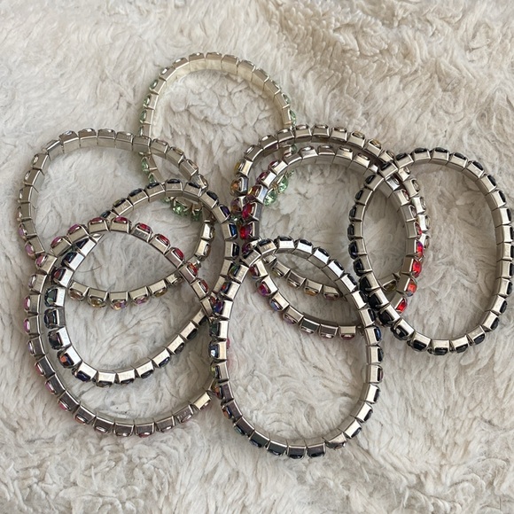 Lot of 8 Costume Rhinestone Bracelets. Assorted Colors. Silver Color Detail. - Picture 8 of 8
